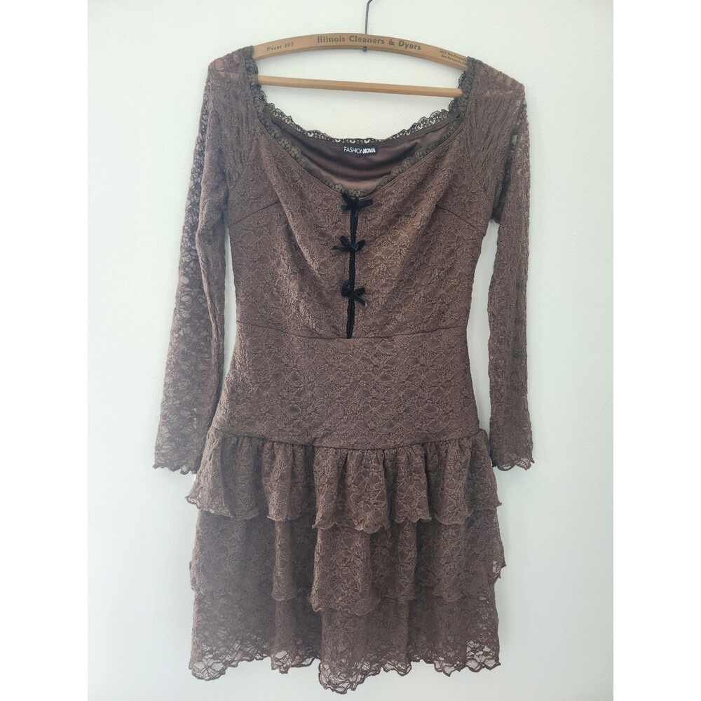 Brown Lace Fashion Nova Mini Dress Size M Woodland Fairycore, Dark Coquette